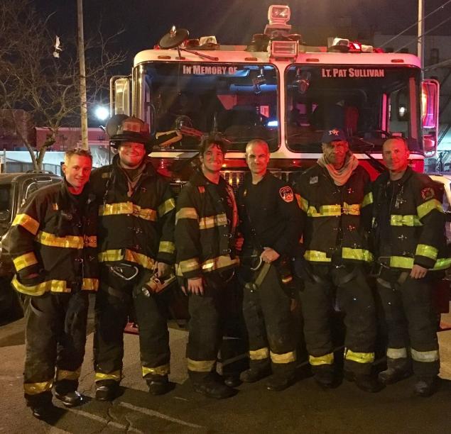 Heroic FDNY members with Ladder Company 58 – Firefighter Ryan R. Bourke, Lieutenant Andrew B. Bowman, Firefighter Christopher J. Reilly, Firefighter John P. Daly Jr., Firefighter William H. Smith, Firefighter Thomas J. Wutz Jr. – relax after rescuing a man from Crotona Park apartment on April 6, 2016. COURTESY FDNY